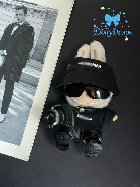 Black labubu clothes outfit with camera and cap on plush