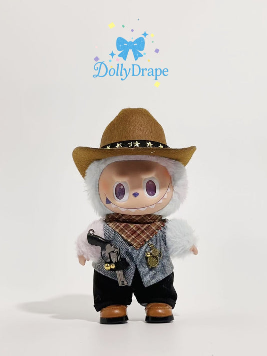 Labubu clothes cowboy outfit with brown hat side view