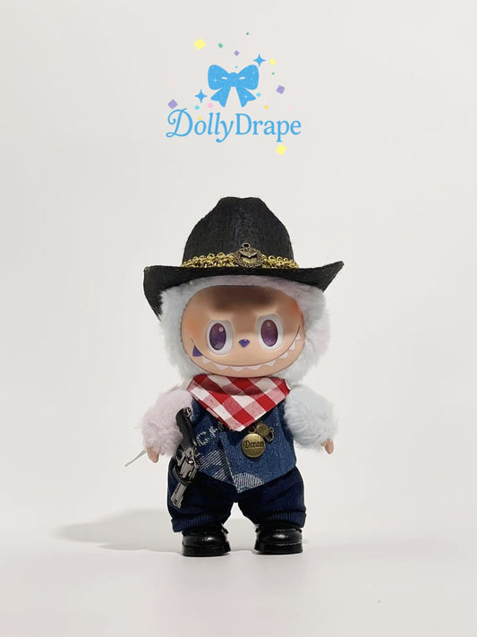 Labubu clothes cowboy outfit with brown scarf and denim vest