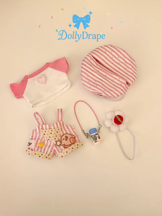 Flat lay of dessert outfit set for Labubu plush including charm and overalls