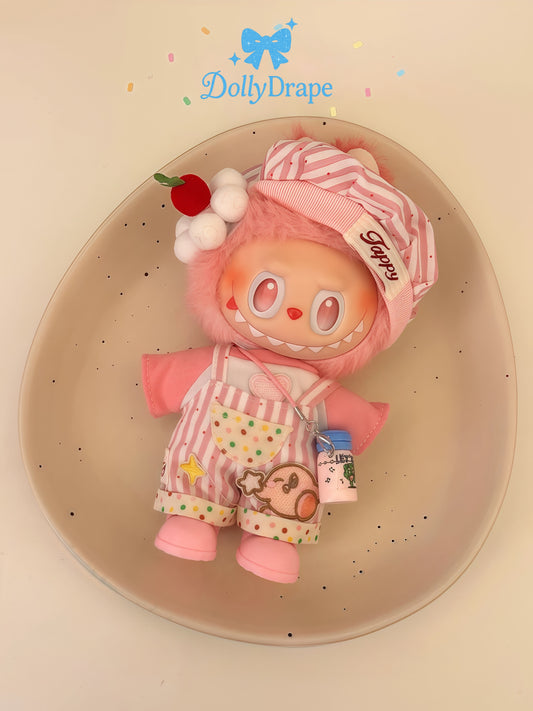 Labubu clothes dessert-themed outfit with pink cherry hat and heart top