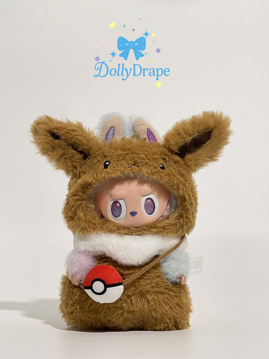 Labubu clothes styled as Eevee – front view of 6.7 inch plush in brown long fur costume with Pokéball pouch