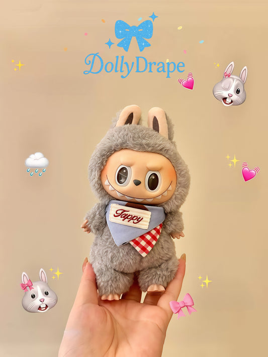 Labubu clothes – plush wearing gingham bib with “Happy” embroidery