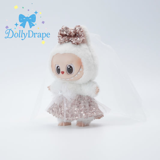 Labubu plush in pink glitter sequin dress front view