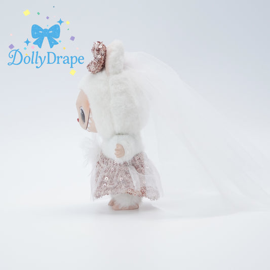 Side view of pink bridal outfit for Labubu plush