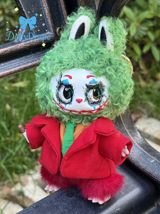 Back view of Joker custom Labubu figure with curly green hair and keyring