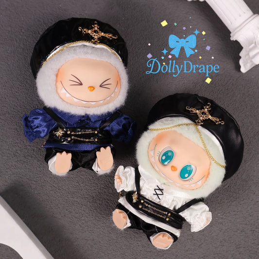 Labubu clothes in interstellar noir theme, two dolls in blue and white outfits