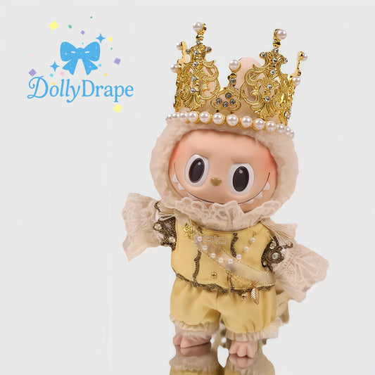 labubu clothes golden prince outfit with crown and ruffle sleeves