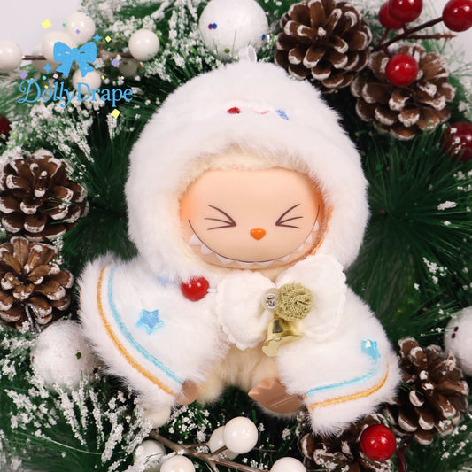 Labubu clothes Snow Kid outfit with fluffy white trim and red berries