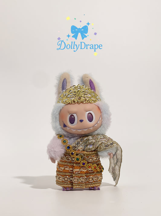 Labubu clothes in gold traditional Thai outfit with glitter sash