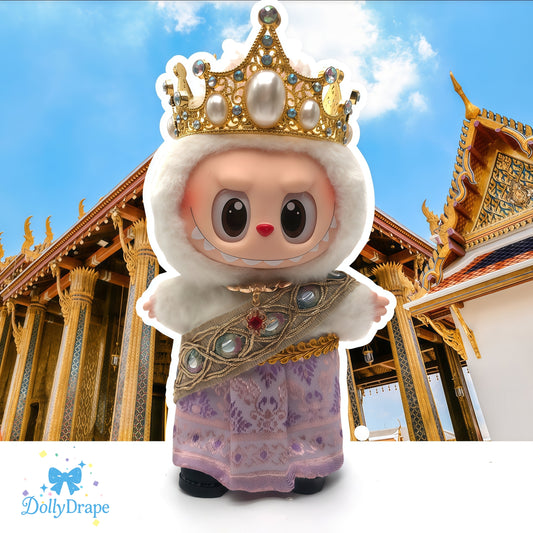 Labubu clothes in muted grey-purple Thai ensemble with regal crown