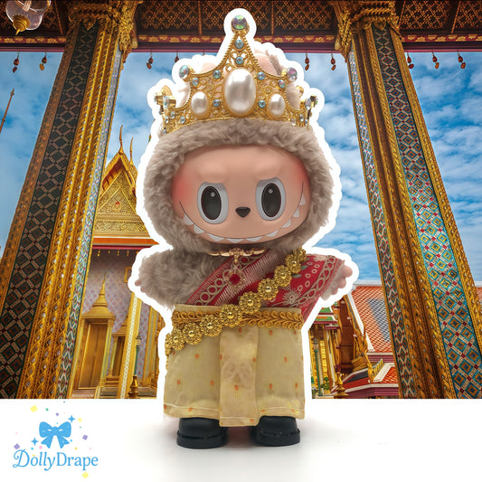 Labubu clothes in light gold traditional Thai wrap with crown