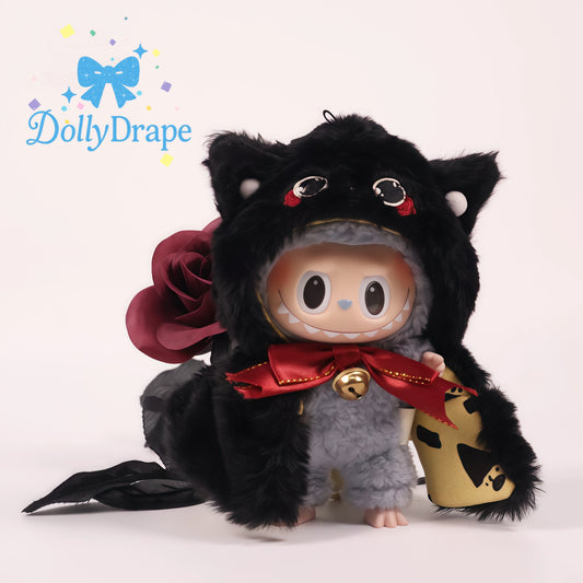 labubu clothes plush in riddle-style fuzzy black cape