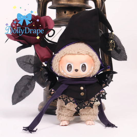 labubu clothes witch costume on plush with cloak and hat
