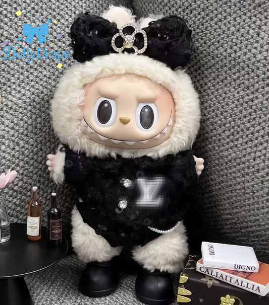 Elegant lace bow labubu clothes with black fuzzy suit front view